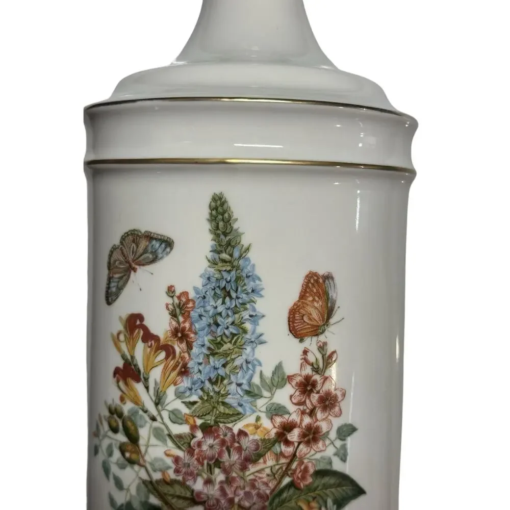 Vintage Pair White Gold Trim Ceramic Table Lamps With Floral Birds Butterflies